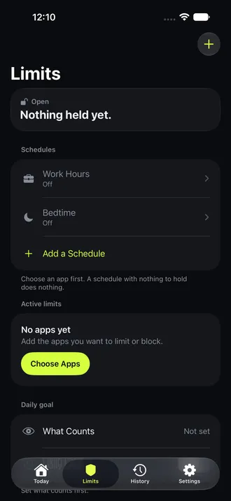 Mirror’s Limits screen with schedule and rule controls.