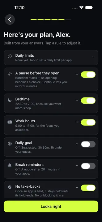 Mirror’s onboarding plan with pause, bedtime, work hours, and daily goal controls.