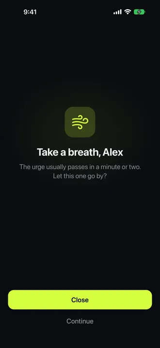 Illustration of Mirror’s pause screen, with Close as the main action and Continue beneath it.