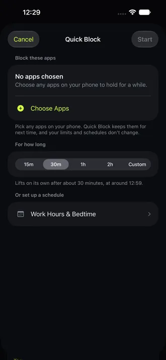 Quick Block setup sheet with duration choices, before apps have been selected.