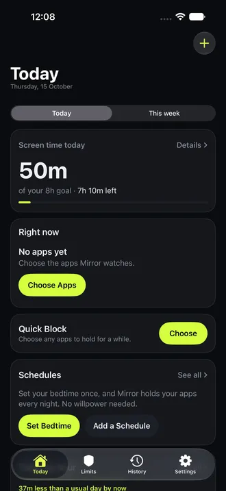 Mirror Today showing sample screen time, a daily goal, Quick Block, and schedules.