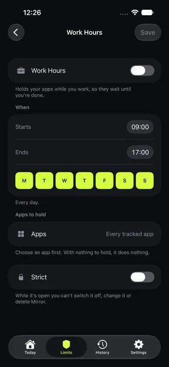Work Hours schedule editor with start and end times, day selection, and the Strict option.